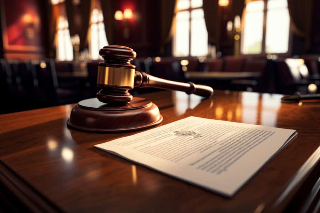 Judge’s gavel and legal documents in a courtroom setting