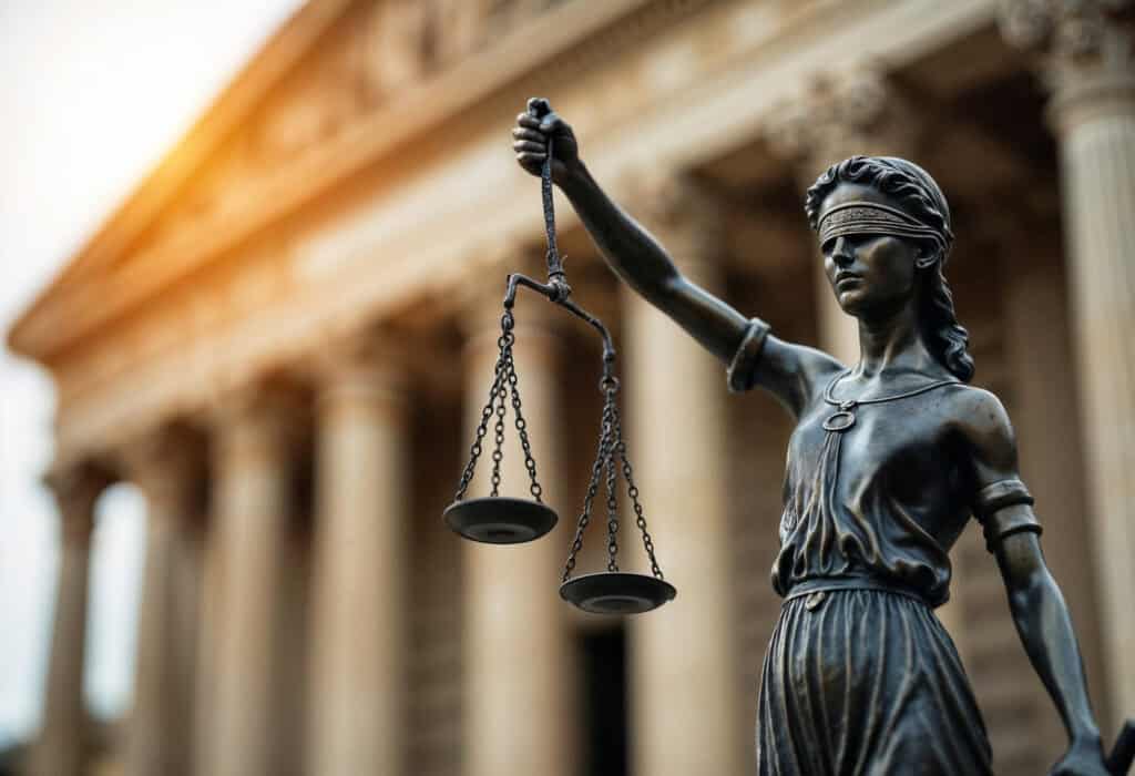 Statue of Lady Justice holding scales in front of a courthouse, symbolizing legal fairness