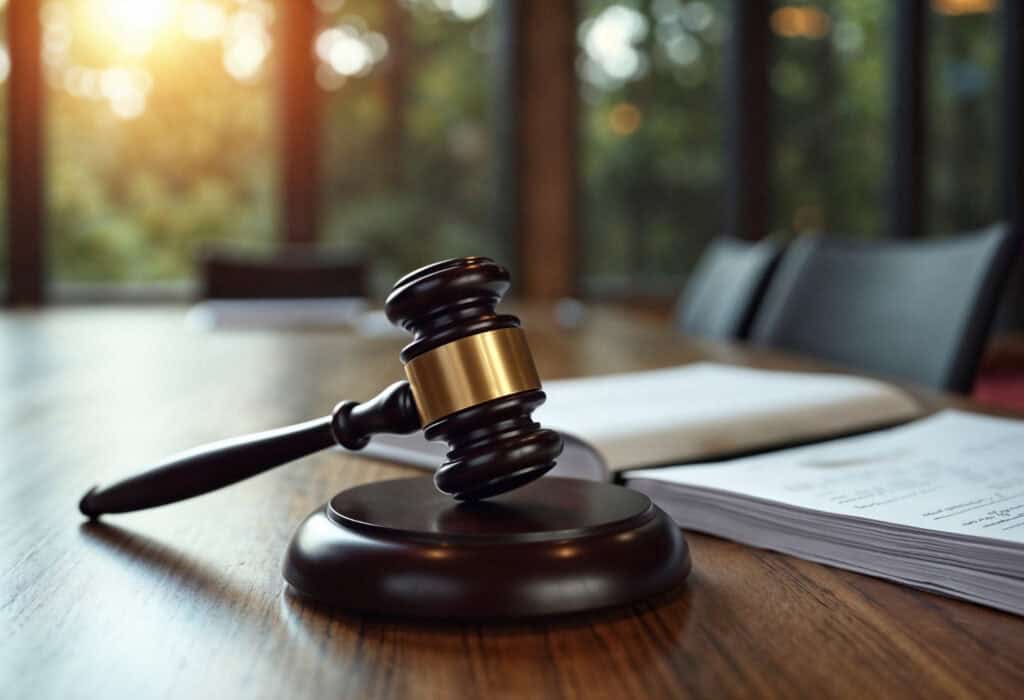 Judge’s gavel resting on a wooden table beside legal documents in a courtroom.