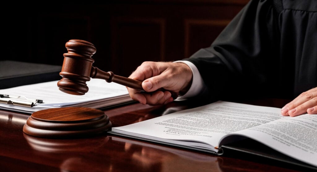 Judge holding gavel over legal documents symbolizing comparative negligence rulings in California court.