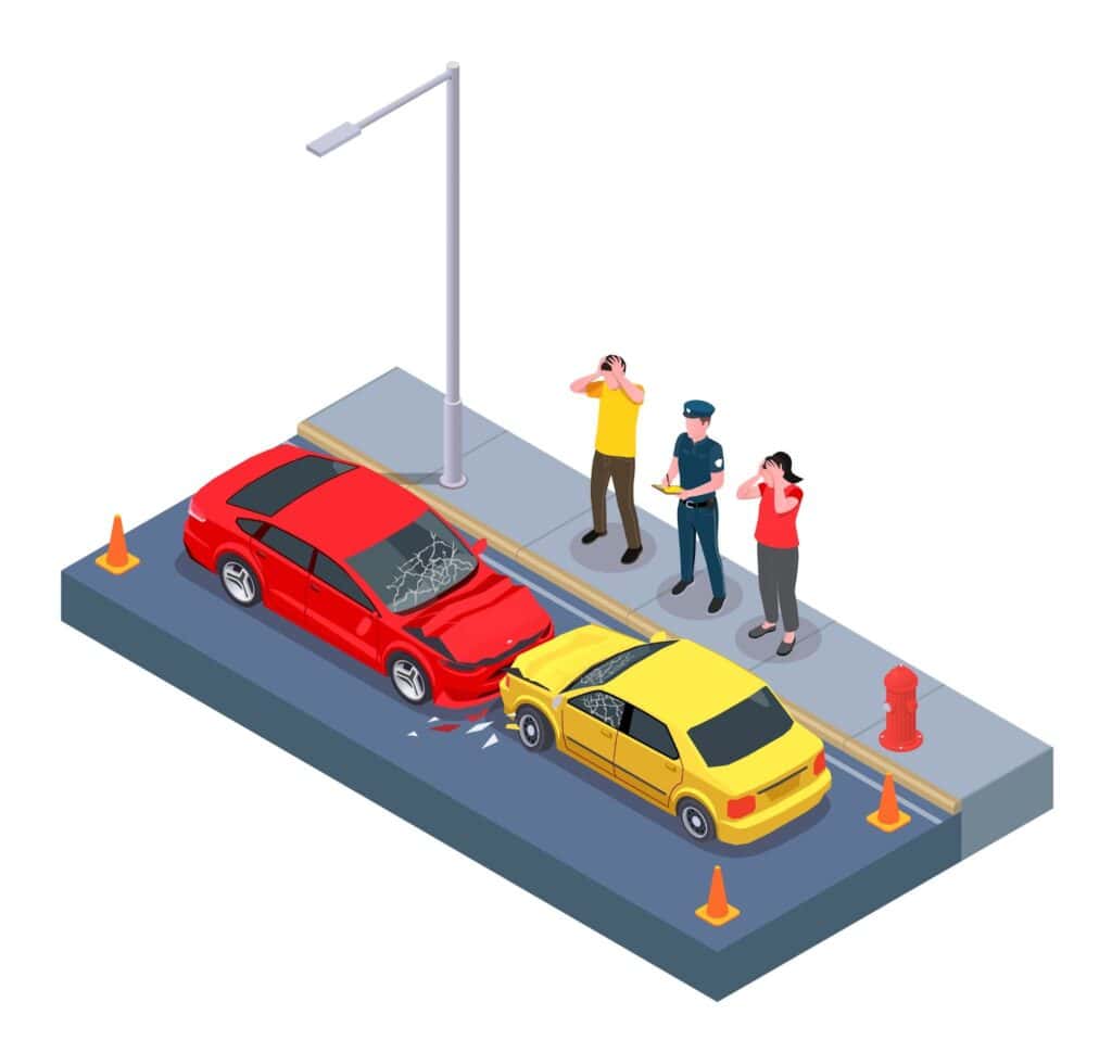 Illustration of a police officer and drivers reacting to a crash scene representing fault investigation.