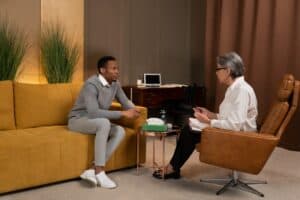 Client meeting with a California attorney to discuss an emotional distress claim and legal rights.