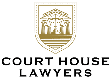 A gold and black logo featuring a courthouse with scales of justice inside a shield above the words “COURT HOUSE LAWYERS” in bold capital letters.